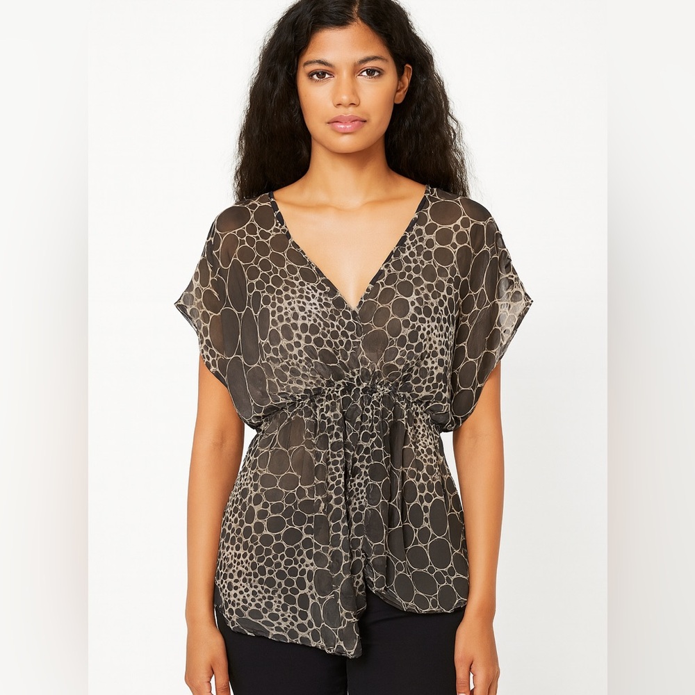 R. 89 Black Beige Silk Sheer Blouse Top